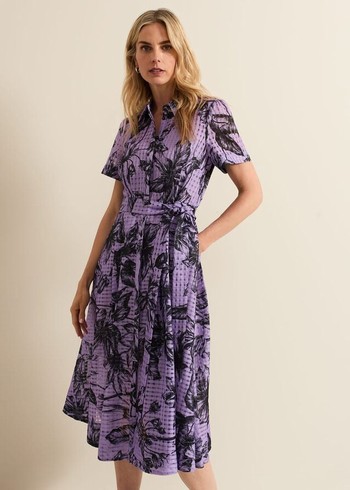 Phase Eight Natalie Lilac Floral Check Dress Purple USA | 5481960-RO